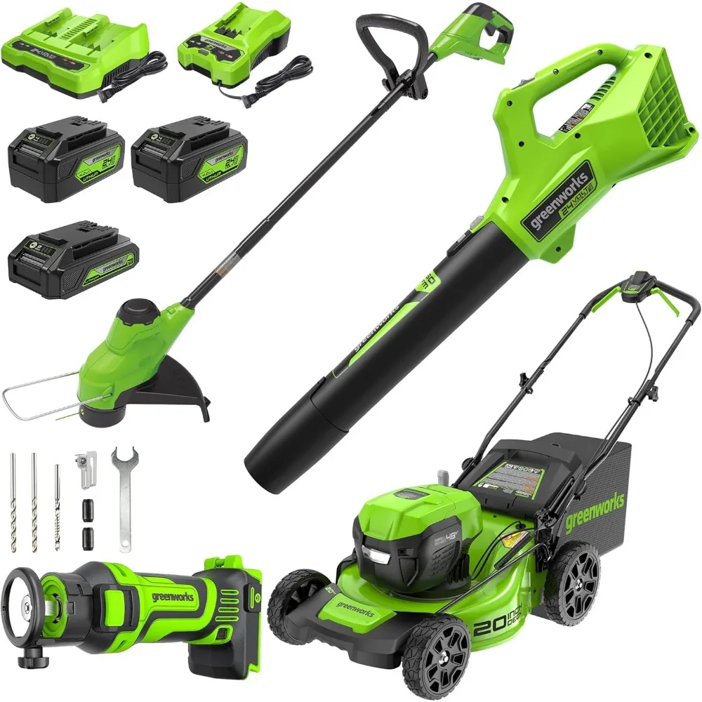 

48V (2x24V) Lawn Mower Combo - 20" Push Mower, 12" String Trimmer, 320 CFM Leaf Blower + 24V Cordless Speed Saw - Ideal for Yar