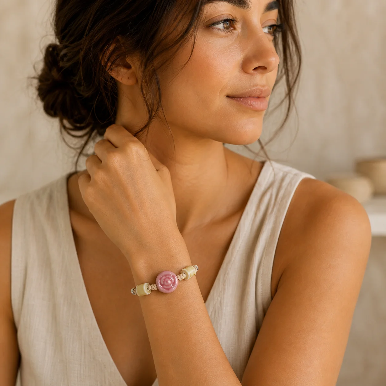 Handmade Pink Rose Ceramic Bracelet with Waxed Cord Braided Adjustable Metal Accent Handcrafted Jewelry Y260729-02