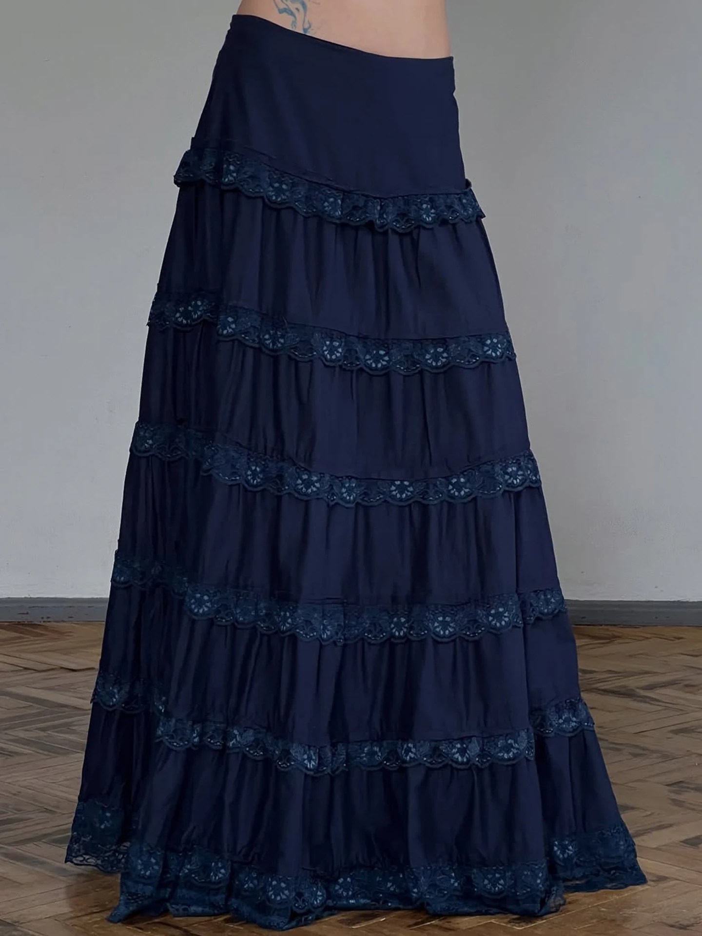 Vintage Y2K Volant in pizzo Impiombato Blu scuro Torta a strati Gonne arricciate per le donne Harajuku Gonna a trapezio ampia e versatile a vita bassa