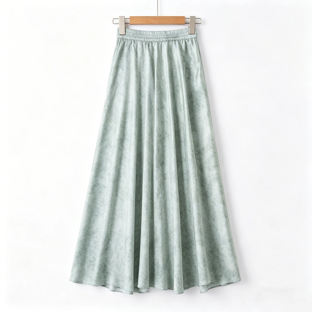Women's Casual Summer New 3.5m Large Swing 21MM 93% Natural Mulberry Silk Elastic Plain Satin Diagonal Cut Tie Dye Green Skirt