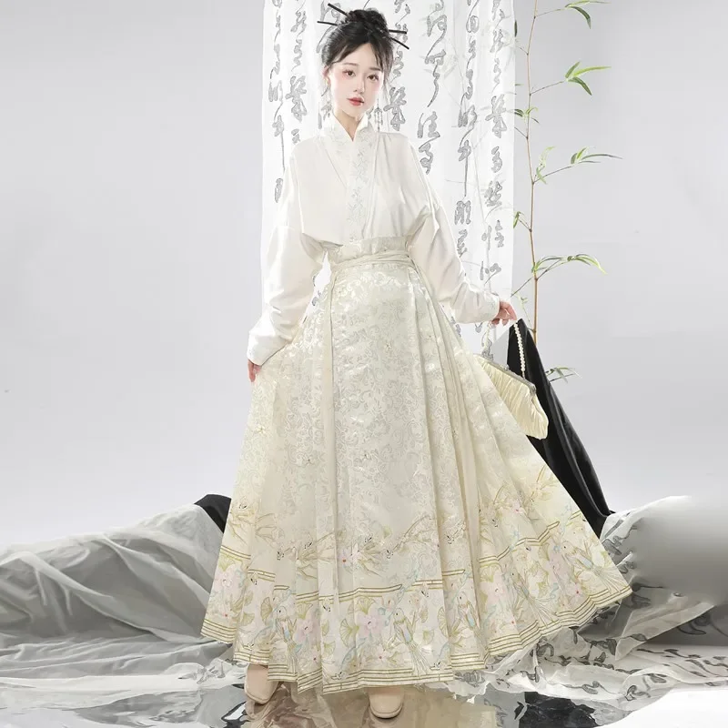 

Original Hanfu Dress Female Ming Dynasty Embroidered Collar Aircraft Sleeve Chinese Style Horse Face Skirt Daily Mamian Dress