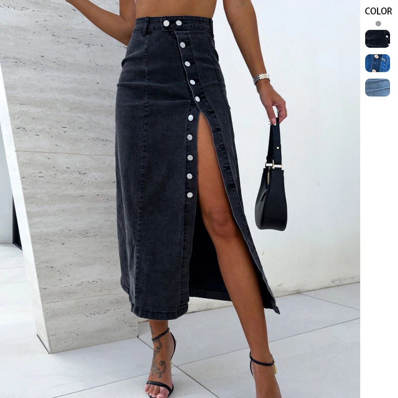 

arly Spring New Button Irregular Split Half-Length Denim Skirt High Waist Slim-fit Hip Skirt Black Blue Women's Clothing 2025