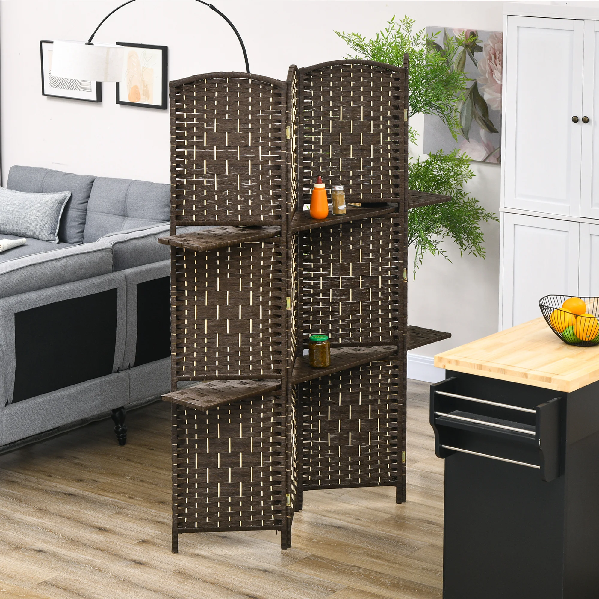 Divisorio per ambienti Homcom, composto da 4 pannelli, dimensioni 160 x 170 cm, con 2 ripiani, pieghevole, in legno, ideale per ufficio, soggiorno, camera da letto, colore marrone.