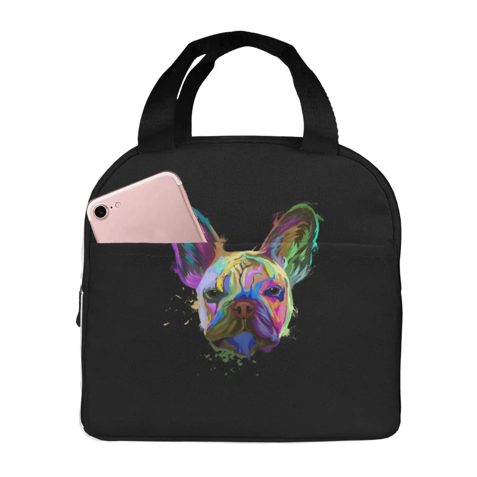 Colorful Graffiti French Bulldog Print Lunch Tote Bag Insulated Leakproof Lunch Box Container with Front Pocket for Girls Boys