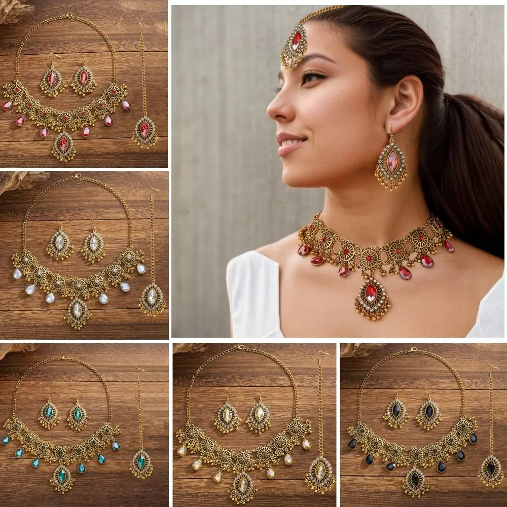 

Rhinestone Inlaid Necklace Earrings Set Ethnic Style Hollowed-Out Tassel Jewelry Set For Performance Forehead Ornament Props