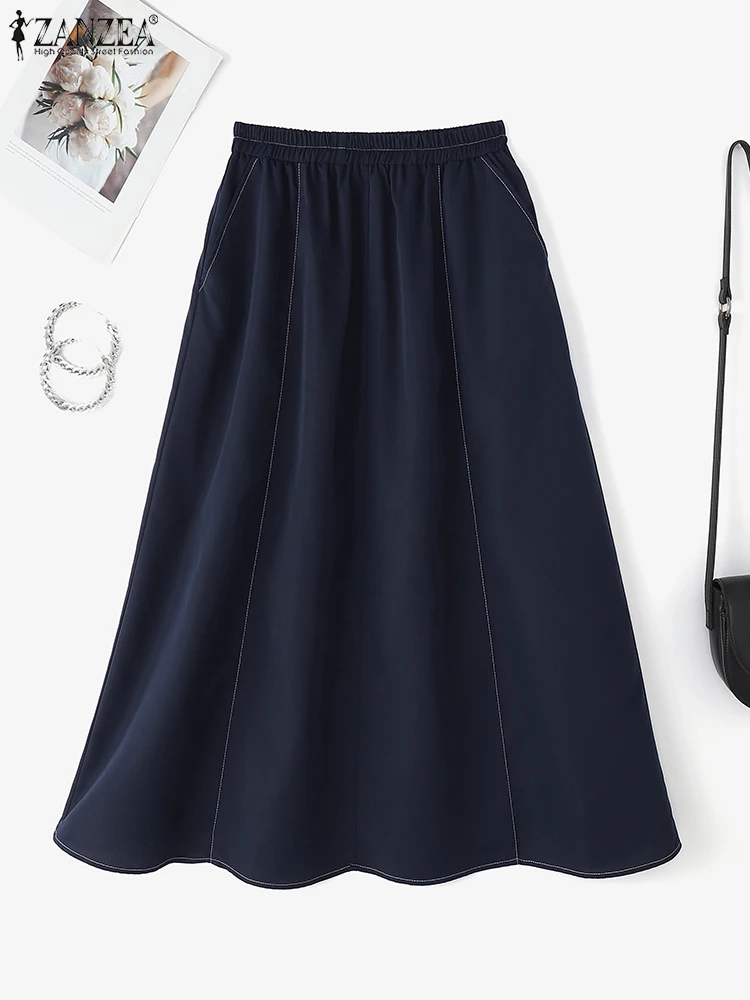 

ZANZEA Vintage Women Elastic Waist Long Skirts 2025 Fashion Casual High Waist A-Line Skirts Summer Solid Color Oversized Bottoms