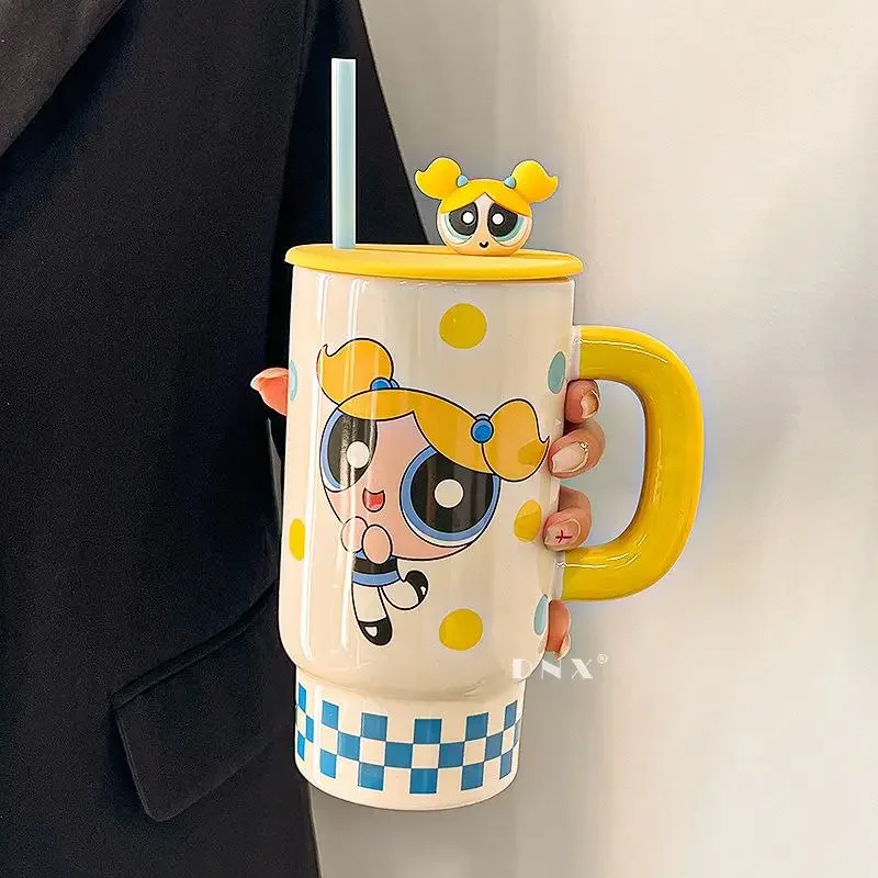 كوب سيراميك لموسم الفتيات من كارتون ذا باوربف كوب لطيف ذو سعة كبيرة للاستخدام المكتبي والمنزلي مع غطاء وكوب ماء من القش هدية #3