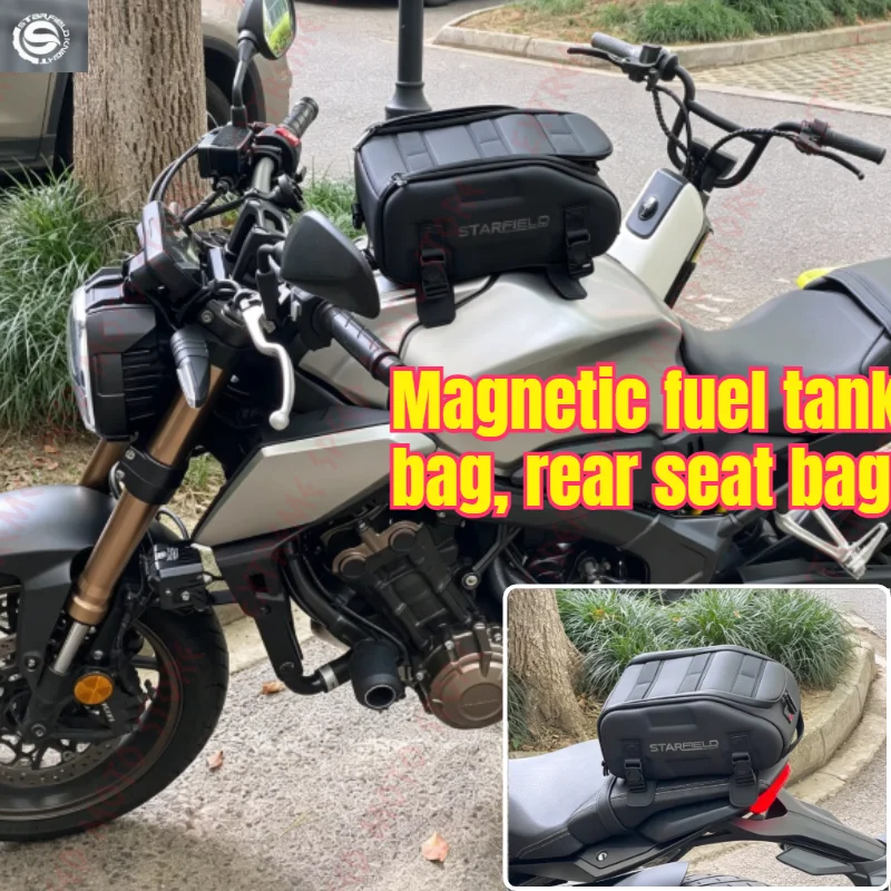 Large Capacity Motorcycle Tank Package Rear Seat Bag Multifunctional Magnetic Suction Fixation with Waterproof Rain Cover