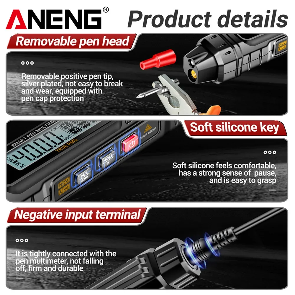 ANENG A3005 Pocket Pen Type Digital Multimeter Test Lead without Battery 4000 Counts LCD/Anti Display Screen True RMS Black Tool