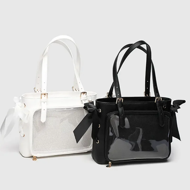 

Transparent Single Shoulder Bow Bag Women Simple Doll Storage Handheld Pain Bag PU Soft Girl Pack Cute Waterproof Handbag