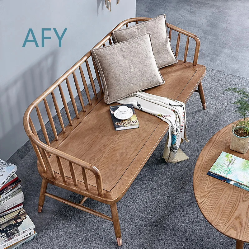 Nordic Style Solid Wood Sofa for Small Apartments Modern Minimalist 3 Seater Living Room Ash Wood Sofa All Season Use