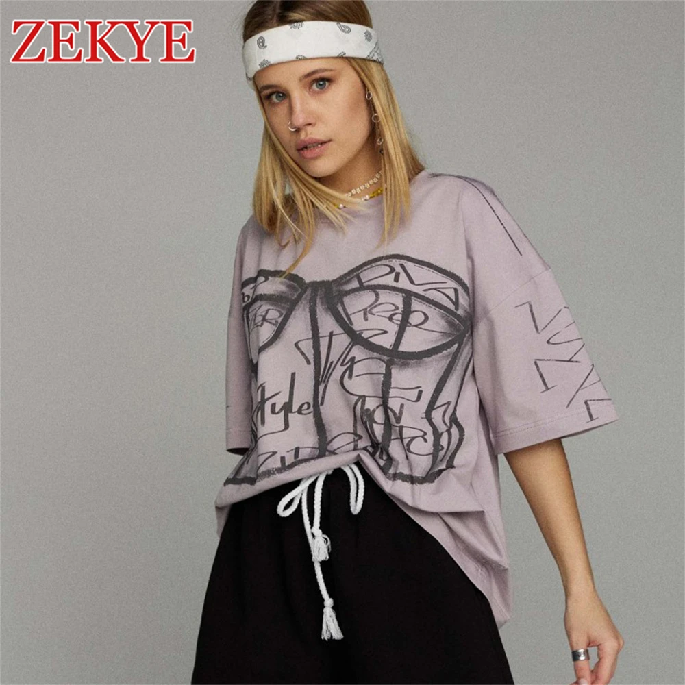 Zekye Printed Streetwear Vintage Tshirts Top Harajuku O Neck Chic Summer Basic Loose T-shirt Cloth Women Casual 90S Aesthetic