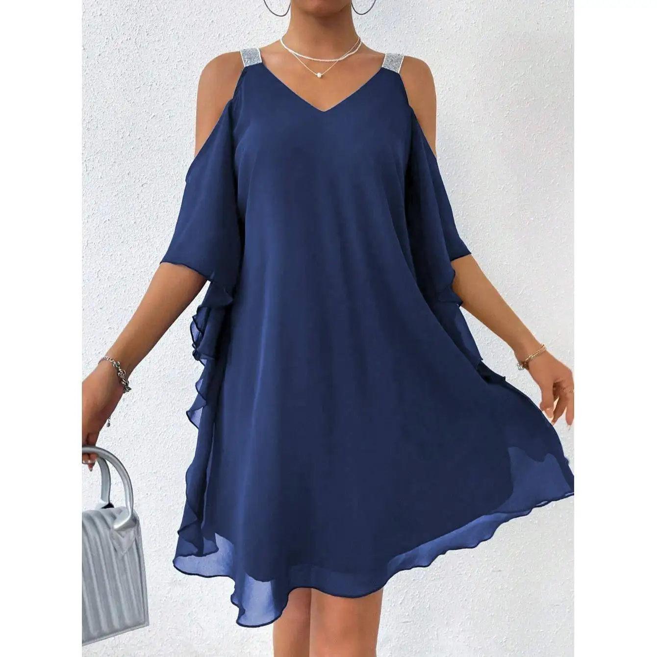 Faionable Color V-Ne oulder Bared Chiffon f Sve Dr met geplooide comfortabele zachte polyester lente S...