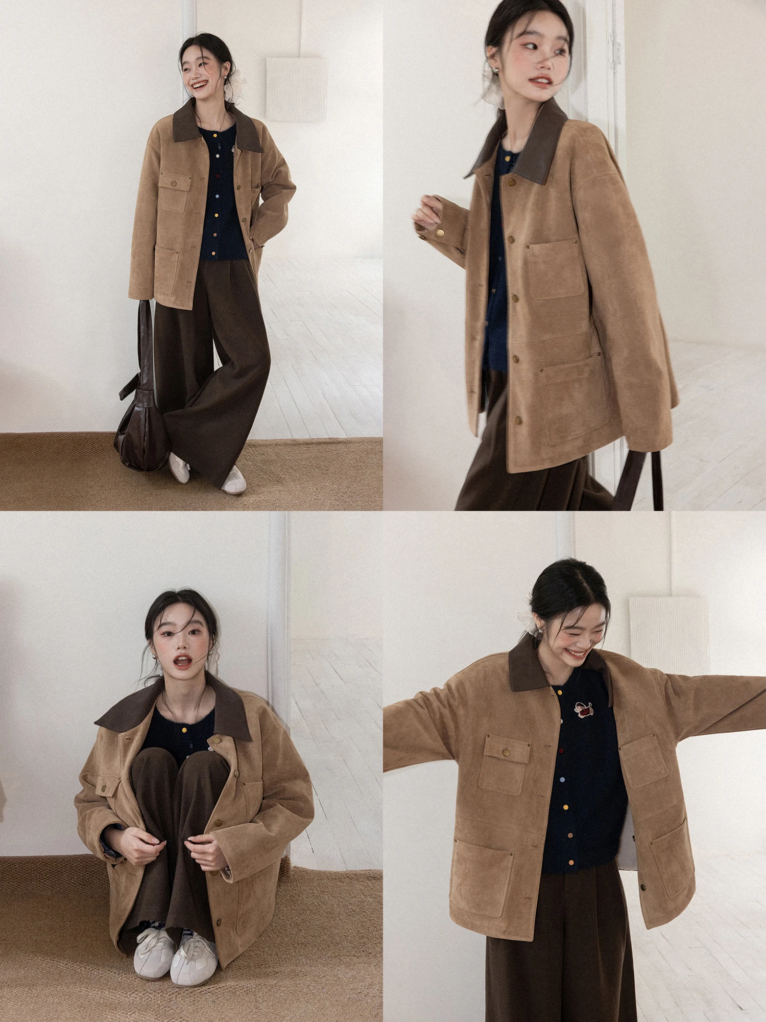 

American Retro Thiened Loose ort Jaet Women's Winter New Sle Casual Flip Collar PU Leather Warm Outerwear Coat