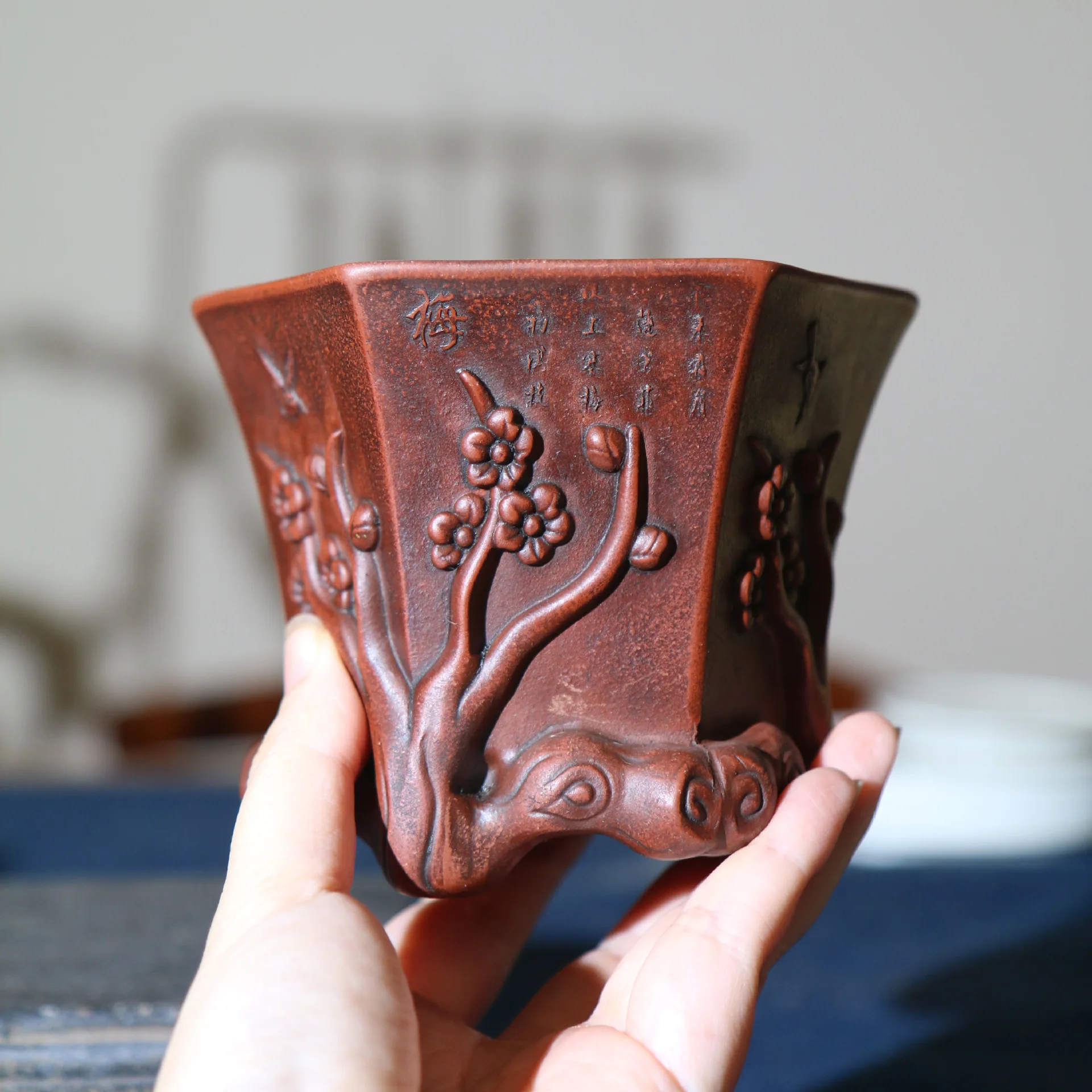 Chinese Yixing Purple Clay Flower  Bonsai Pot Handmade Flower Carving Succulent Pot Home Desktop Decoration Flower Pot