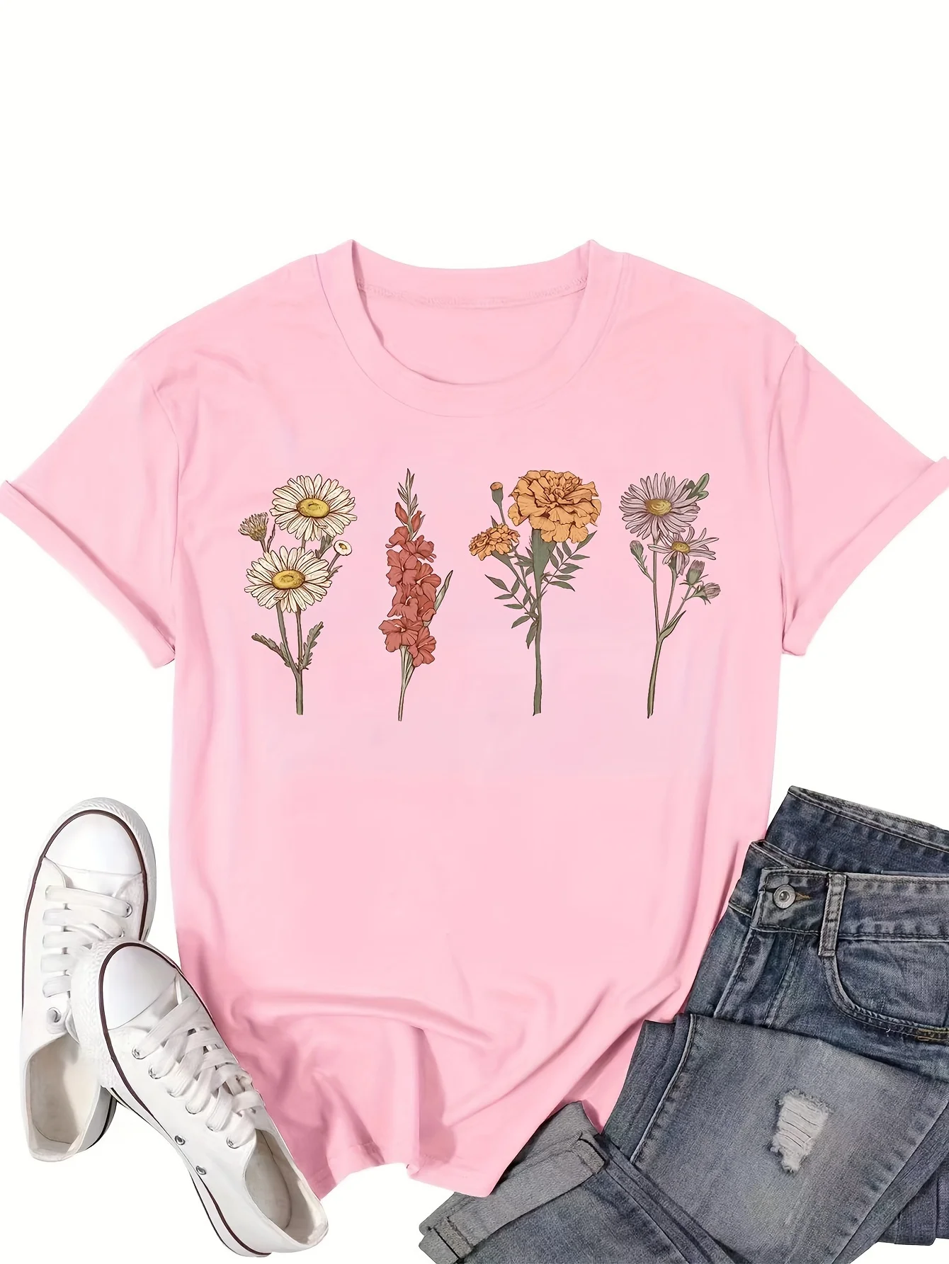 Floral Print Crew Neck T-shirt, Casual Short Sleeve Summer Top, Women's Clothing