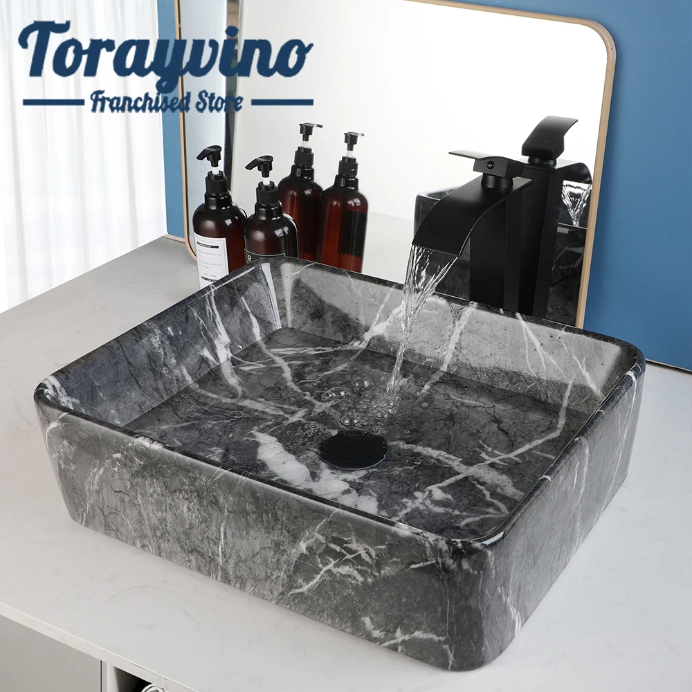 

Torayvino Bathroom Ceramic Basin Faucet Set Round And Square Various Styles Available Art Patterns Sink Set Hot Cold Mixer Taps