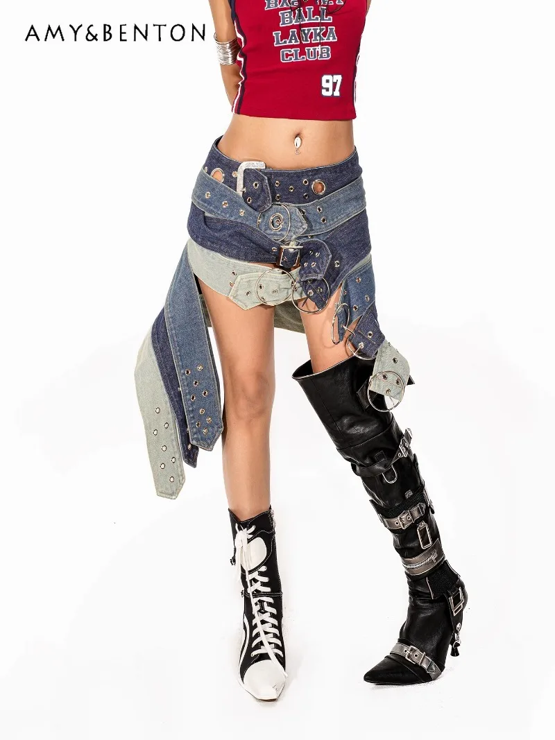 

2025 New American Retro Heavy Industry Irregular Piece Summer Millennial Punk Hot A Line Denim Short Skirt For Women