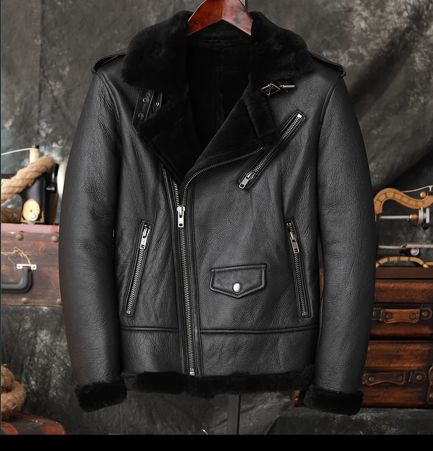 

2023 Genuine Lamb Sheepskin Leather Coat Shearling Cashmere Wool Liner Jacket Turn-down Collar Pilot Winter Clothes Black XXXXL