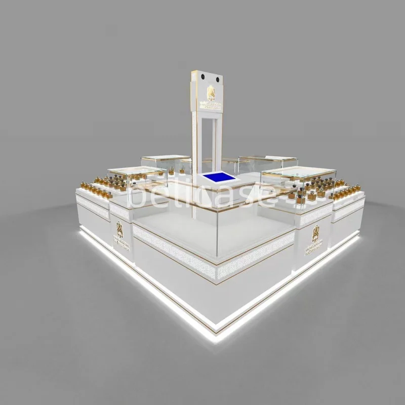 Custom, Design Retail Aroma Parfum Led Display Stand Kasten Display Parfum Mall Kiosk Lay-Out Ontwerp Voor Parfum Winkel