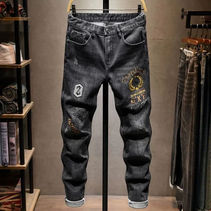 

Осенне-весенние модные джинсы прямого кроя в американском винтажном стиле с вышивкой, мужские повседневные спортивные брюки высокого качества