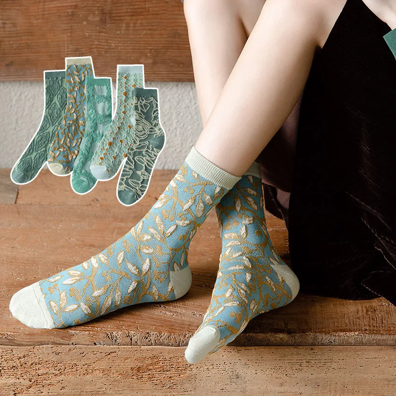 5 Pairs Ladies' Socks Set Breathable High-quality Cotton Socks For Girl Wholesale Korean Vintage Embossed Fashion Comfortable