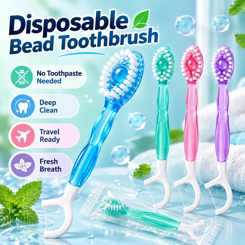 Disposable Burst Bead Toothbrush with Floss Pick Soft Bristles Travel Toothbrush Fresh Breath Portable Oral Care