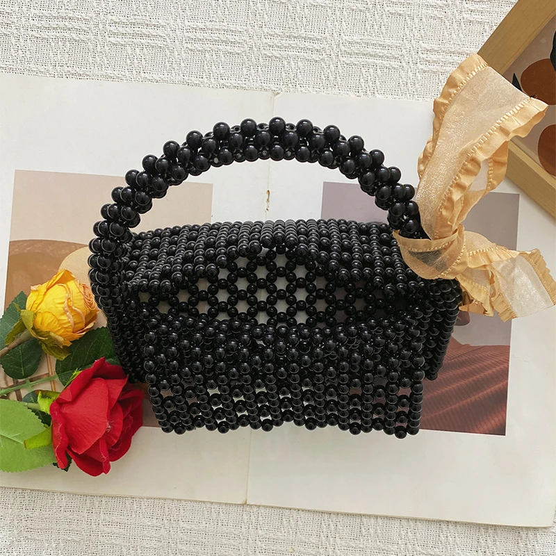 Summer Fashion Style Retro Woven Bag New Versatile Trendy Three Dimensional Bow Ribbon Handheld Beaded Bag
