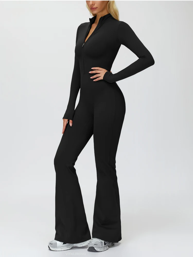VITALINOVO Damen-Overall mit langen Ärmeln, Flare-Workout-Overall, Reißverschluss, Strampler, Hose, weites Bein, Ganzkörper-Body, figurbetont, einteilig – Detail 11