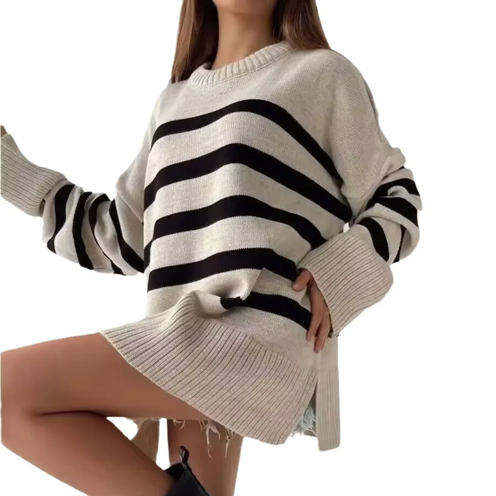 فضفاض سويتر مقلم الروسية Tiktok موقع ئي باي أتمنى البوليستر رايون جولة الرقبة طويلة الأكمام الطازجة الحلو نمط المرأة محبوك سترة #5