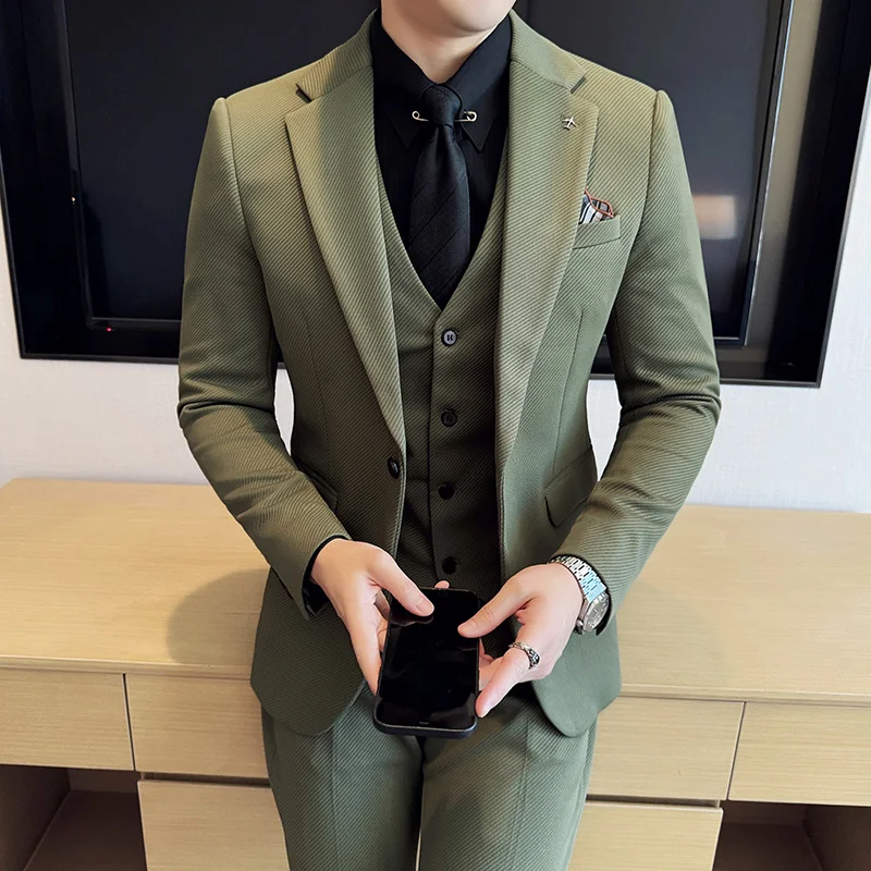 

2024 High Quality Korean Slim Fit (suit + Vest + Trousers) Stylish and Handsome Wedding Knitted Twill Suit Three-piece Set