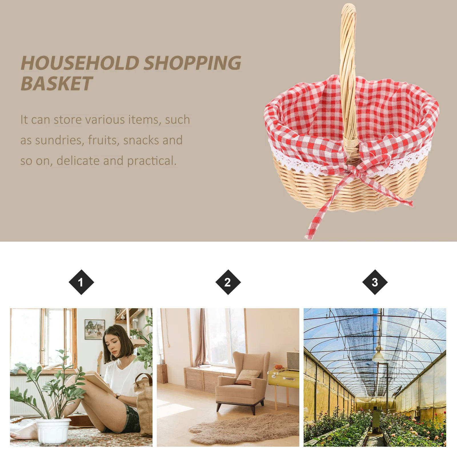 

Wicker Storage Basket Hand Woven Size S Red Plaid Linen Inner Lining Fruit Vegetable Bread Picnic Gift Storage Basket