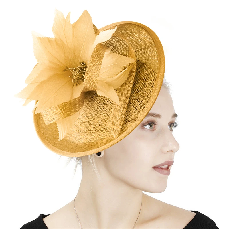 

Gold Sinamay Hats Feather Flower Fascinators For Party Hats Bridal Hair Accessories Wedding Cocktail Hats High Quality XMF508