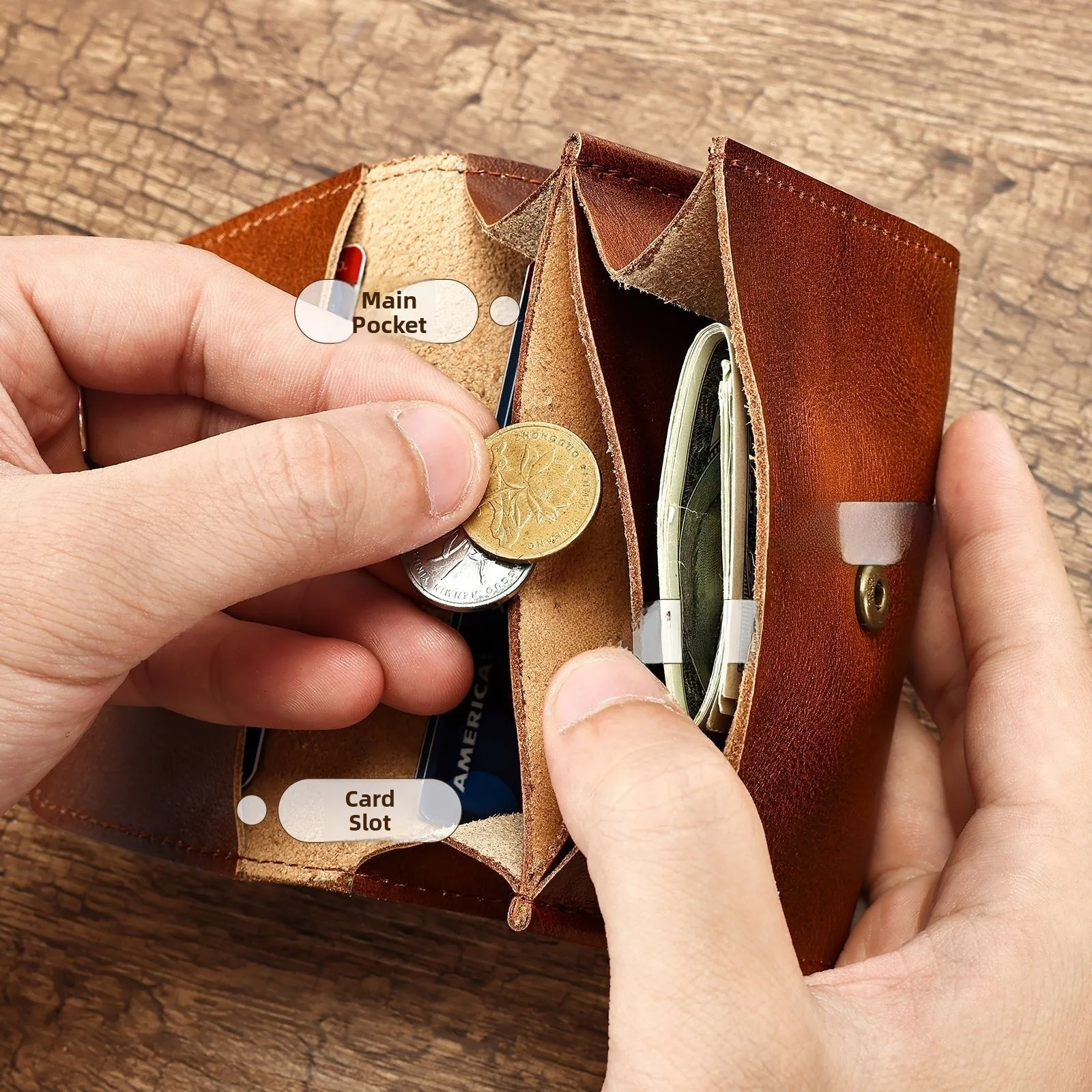 Slim Genuine Leather Clutch Coin Purse Bifold Retro Compact Bill Coin Wallet Simple Document Card Holder Card Clip