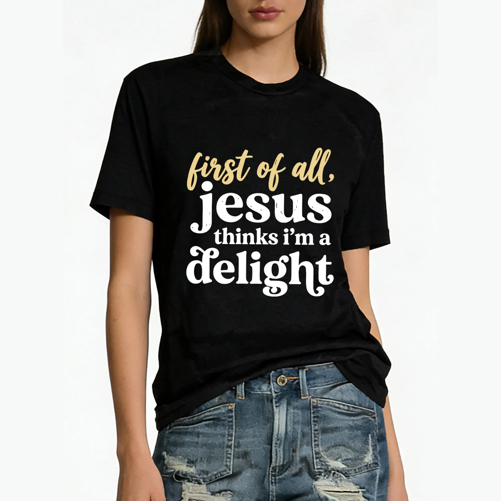 I'm a Delight Funny Christian T-Shirt Faith Shirt Summer Casual Short Sleeve Tee Religious Humor Graphic Tops for Women