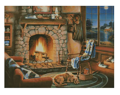 

Top Quality By the fireplace at night Counted Cross Stitch Kits 16CT 14CT White Canvas Embroidery DIY Handmade Needle Home Decor