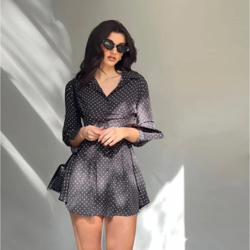 Vrouwen slanke jurken sexy turn-down kraag kant knop lange mouwen mini-jurk casual lente zomer mode dames pure jurk