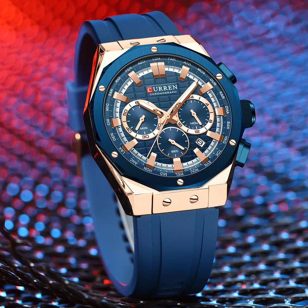 CURREN 8464 Large dial multifunctional watch Luminous Watches for Men Silicone Strap Casual Sports Waterproof Quartz Wristwatch