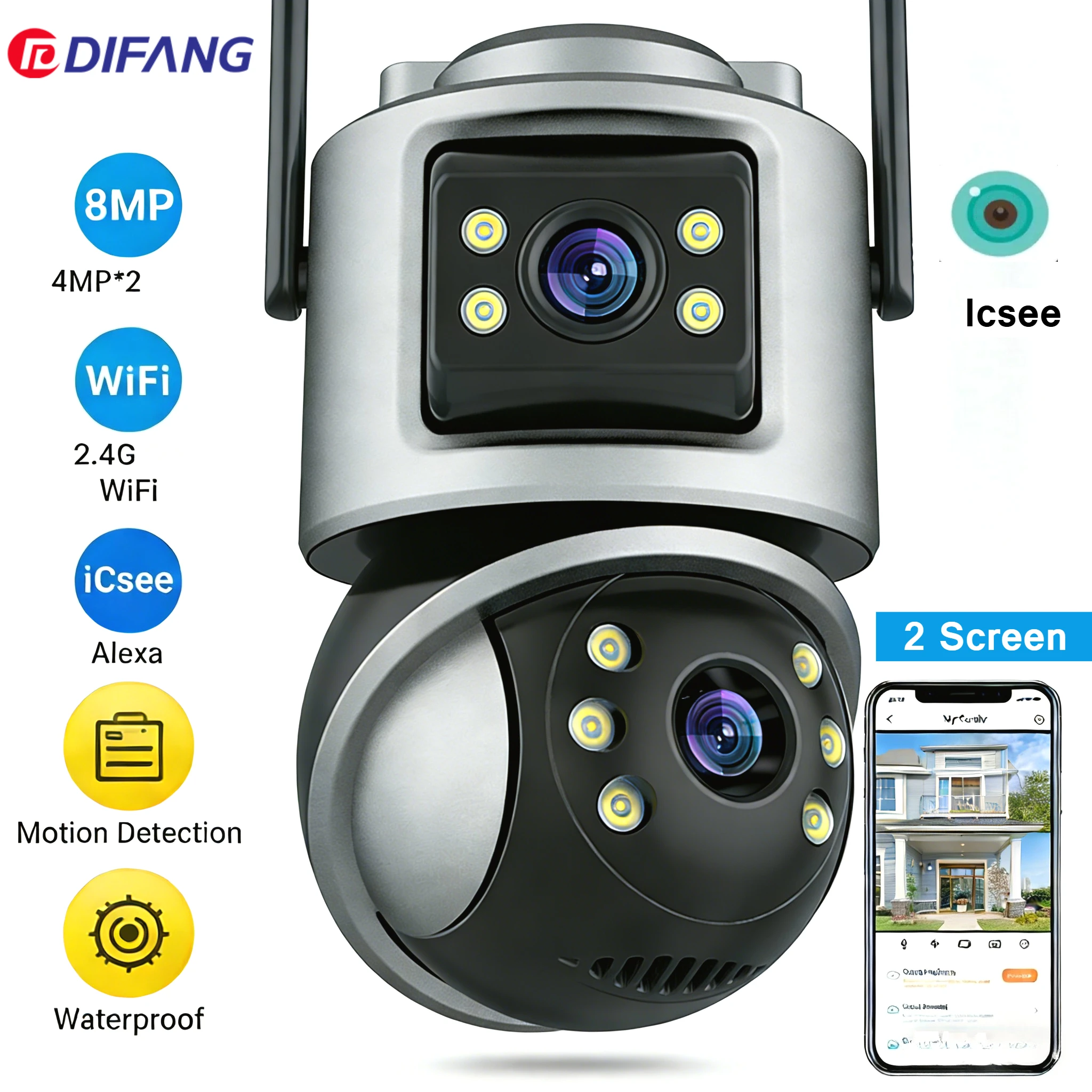 

8MP 4K WiFi Camera Outdoor Ultra HD Dual Lens Dual Screens IP Network AI Human Detection CCTV Security Camera ICSEE