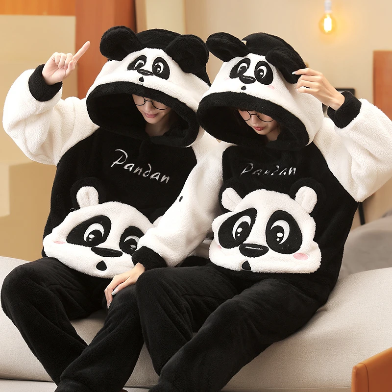 

Winter Couple Pajamas Set Women Men Sleepwear Thicken Pajama Cartoon Panda Soft Warm Lovers Adult Homewear Hoodies Pyjamas Suit