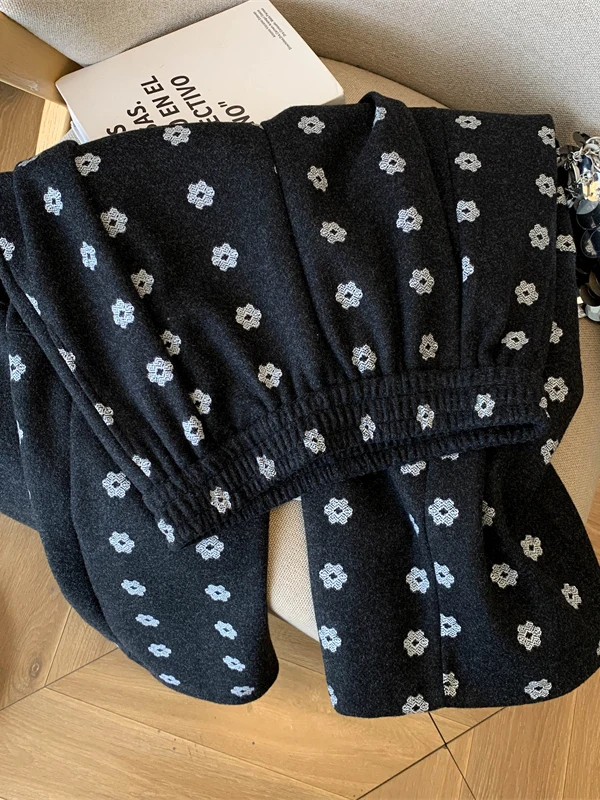 Thi pantalon à jambes larges femme hiver Faion taille haute pantalon à motifs floraux laine dix-huit pouces longue coupe droite