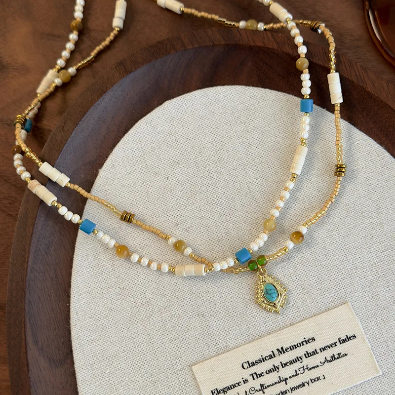 High Quality Turquoise and Colorful Seed Bead Layered Choker Necklace for Women Unique Versatile Daily Wear Portable Elegant