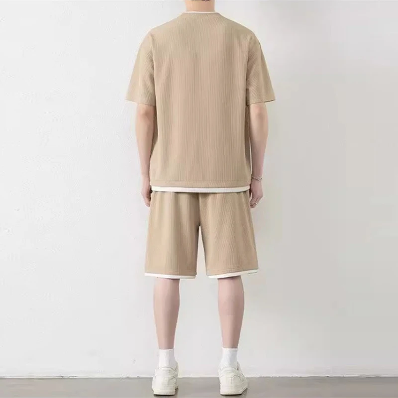 Summer Youthful Vitality Sports Sets Men Solid Color Short Sleeve O-Neck Tees+Elastic Waist Shorts Mens Jogging Casual Sets