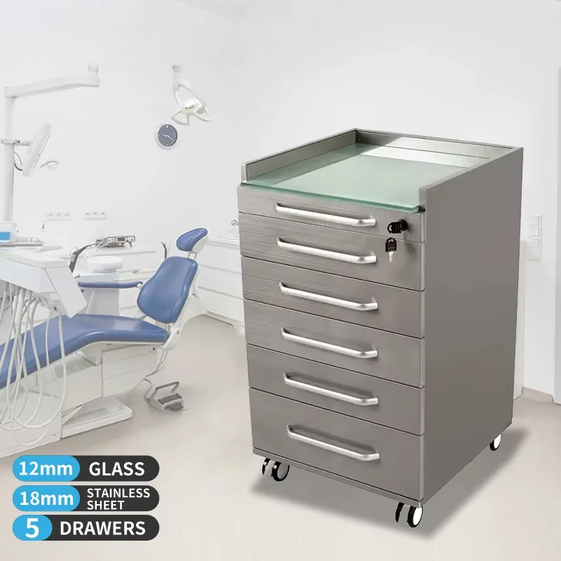Rust Steel Body Tempered Glass 5 Drawer Dental Clinic Cabinet