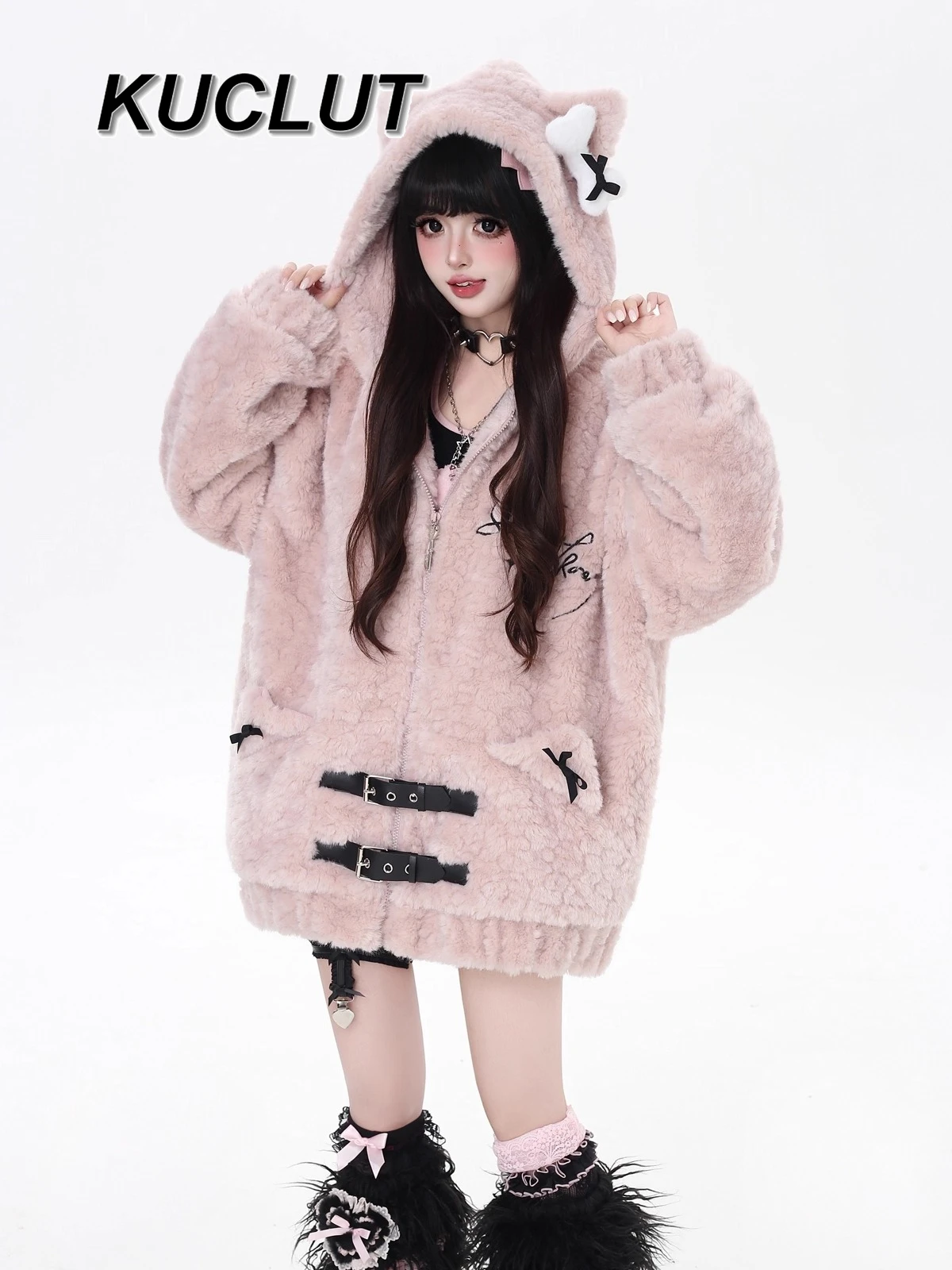 النمط الياباني معاطف فضفاضة للنساء الشتاء الأصلي المطرزة صوف الضأن معطف مقنع تنوعا الصوف مبطن سترات دافئة