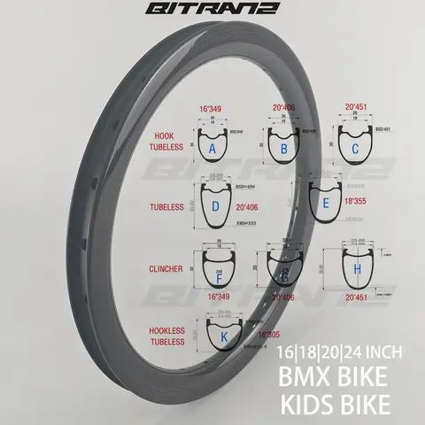 BMX Folding Bicycle Carbon Rims Clincher Tubeless 16" 18" 20" 24" Kids Bike 23/25/26/30mm Road Mtb Freestyle Bicycle Wheel UD 3K