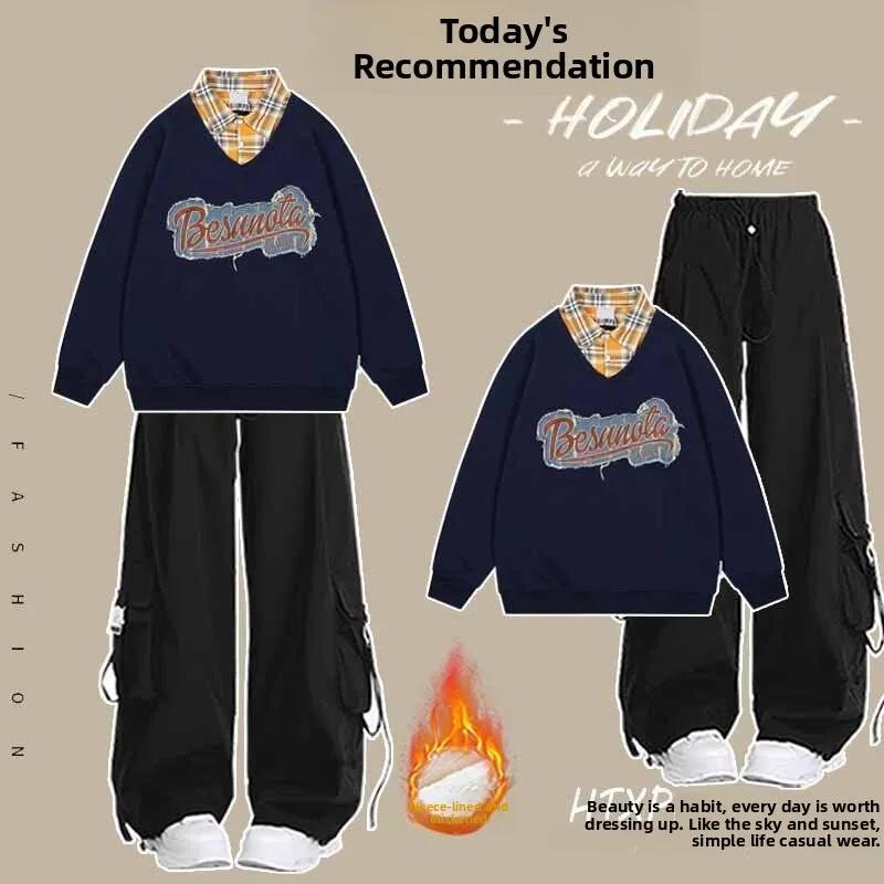 

American Casual College Style Fleece Lined Sport Set Girls Autumn Winter Long Pants Sweatshirt Two Piece Suit Teenage Girl