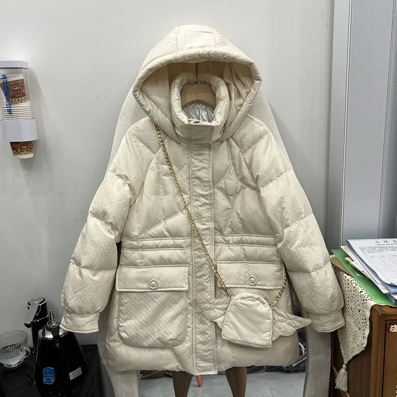 2023 inverno donna Parka corto piumino scozzese spesso femminile con cappuccio 90% piumino d'anatra bianco con borsa