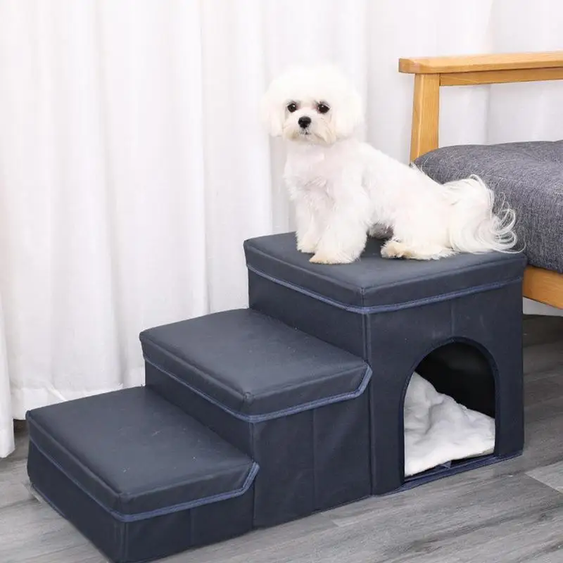 Dog Stairs Non-Slip Pet Stairs 3-Step Dog Ladder Foldable Dog Steps Portable Pet Step Stairs with Pet Toy Storage Box