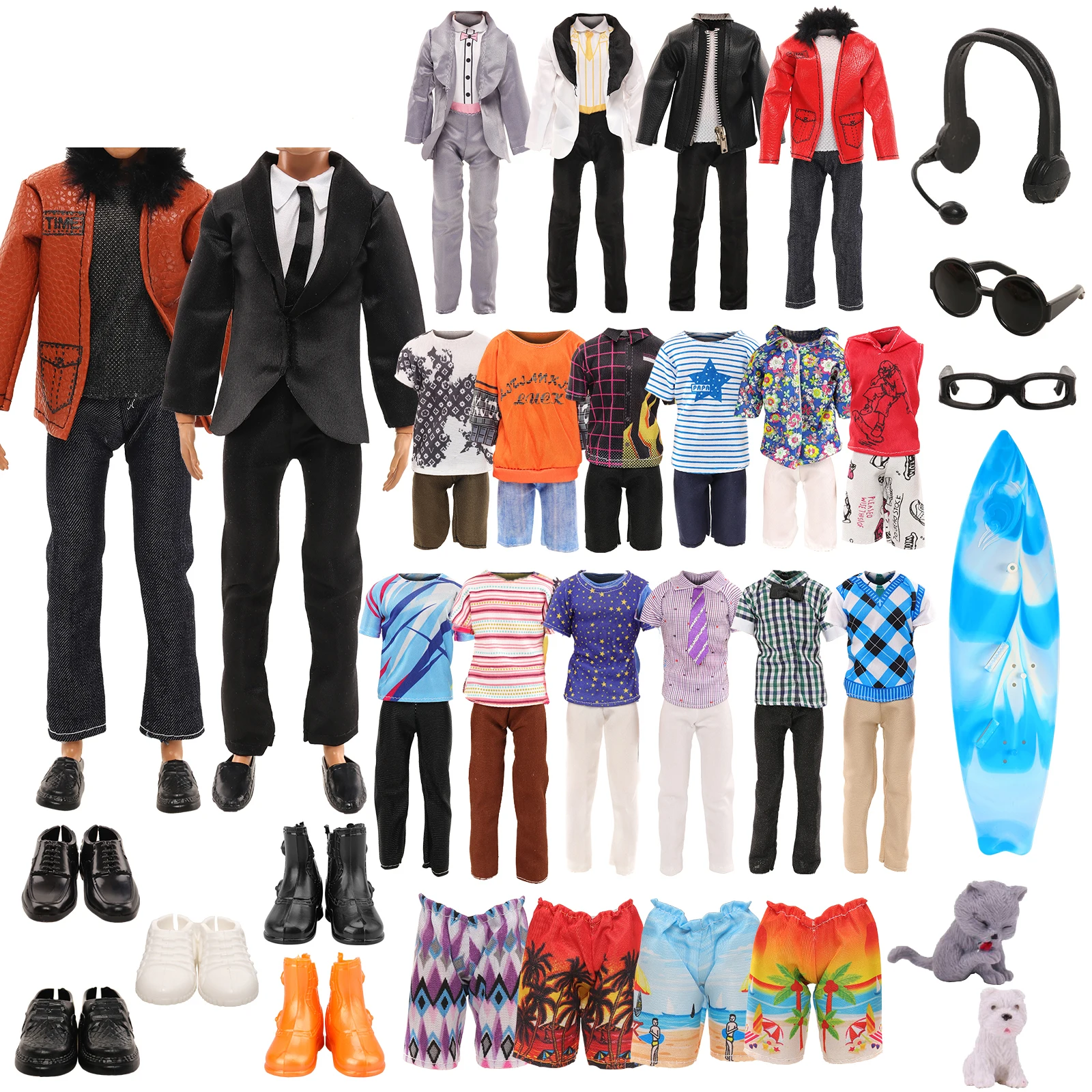 Acessórios Ken Doll, 1 Jaqueta, 4 Calções Top, 1 Calças de Praia, 4 Pares de Sapatos, 1 Óculos, 1 Óculos, 1 Headset, 2 Animais de Estimação